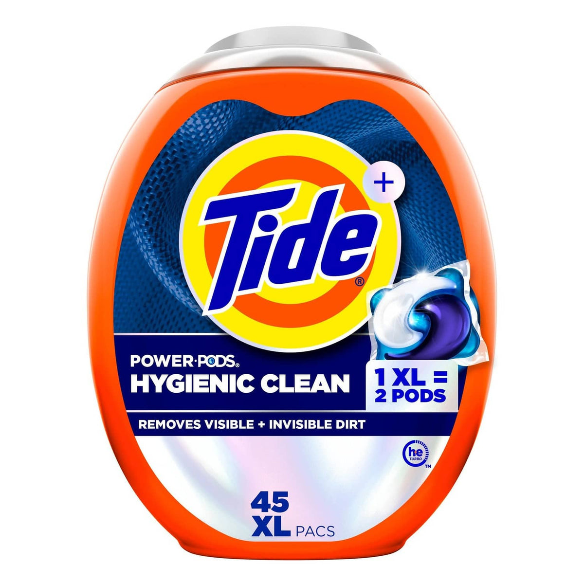 Orange and blue Tide laundry detergent PODS container, Hygienic Clean, 45 count