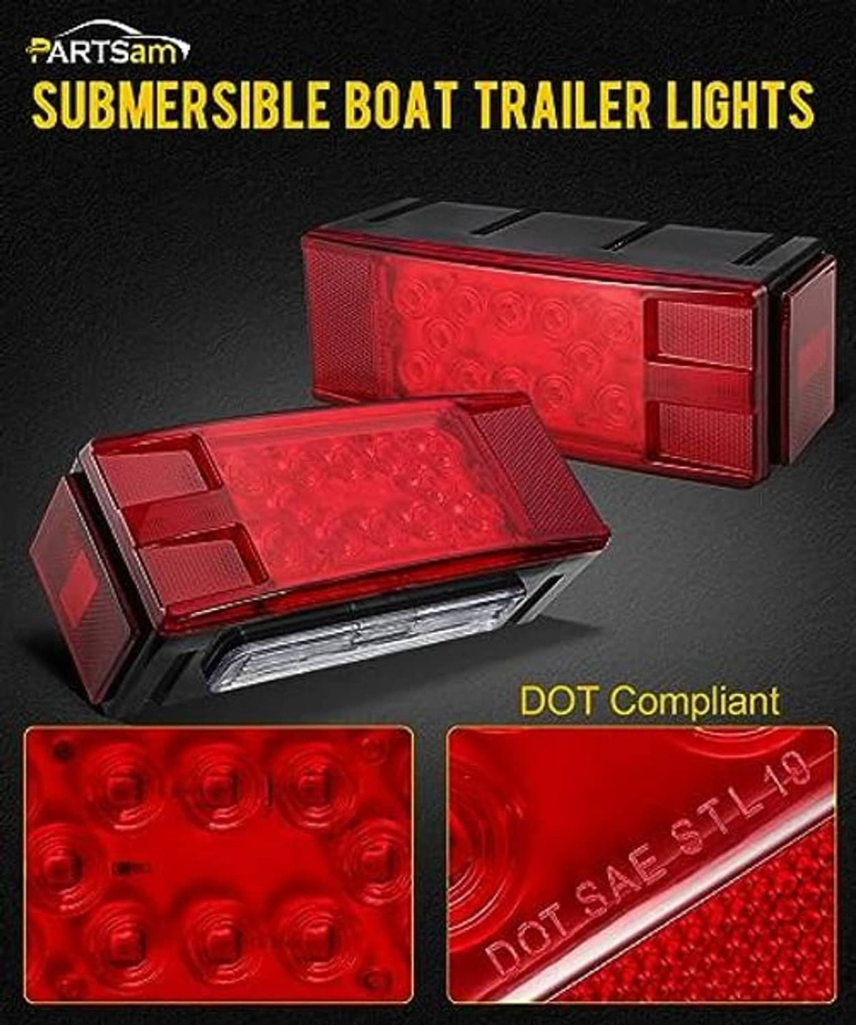 Low-profile red LED trailer light with clear reflector panel and black housing