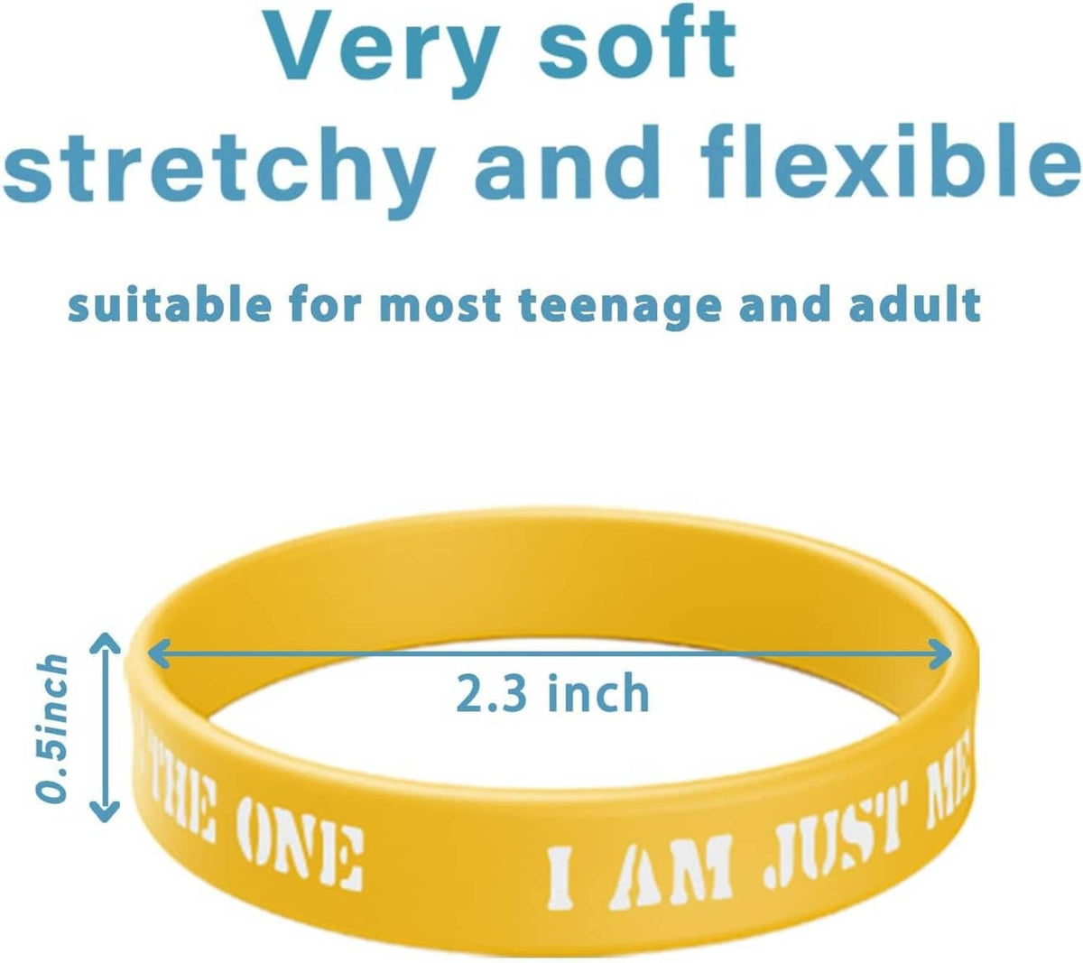 Yellow silicone motivational rubber bracelet with quote text, soft and stretchy