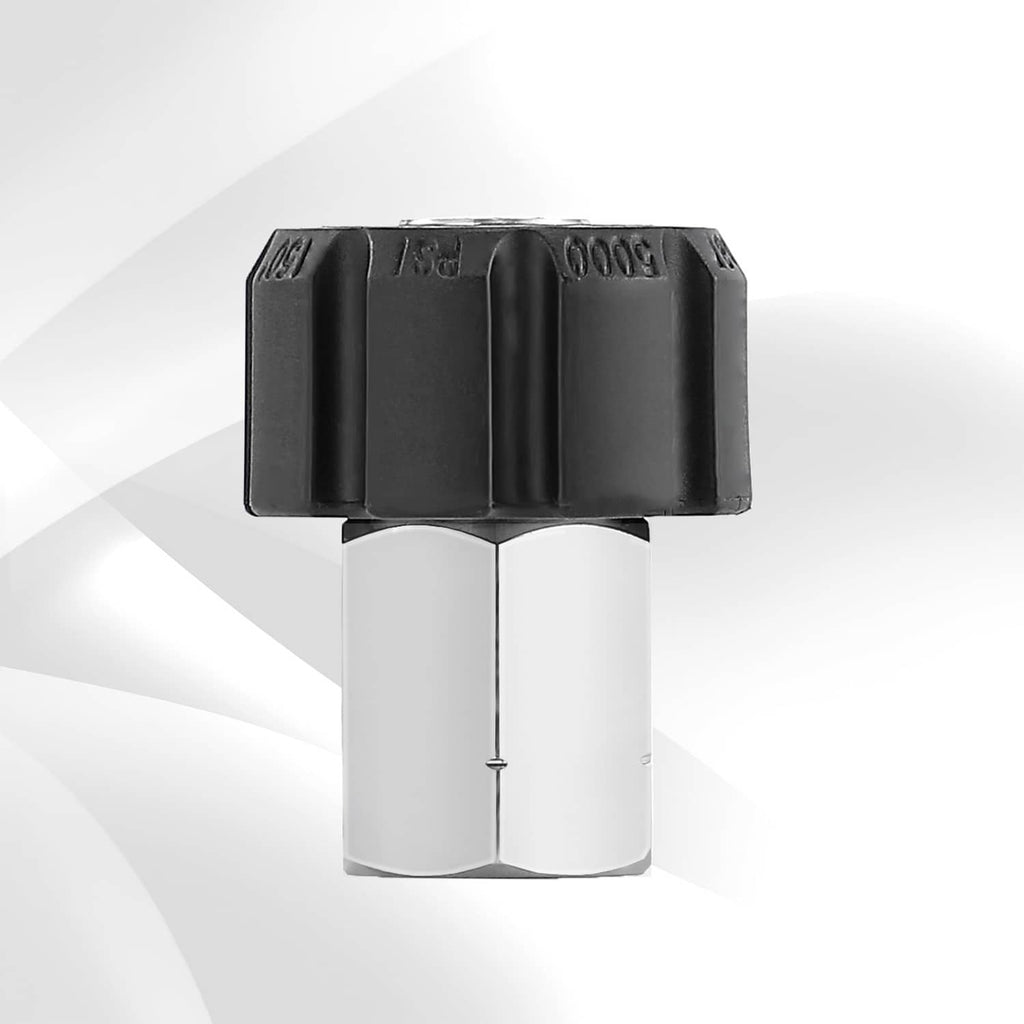 Pressure washer adapter cap end view with black housing and silver connector