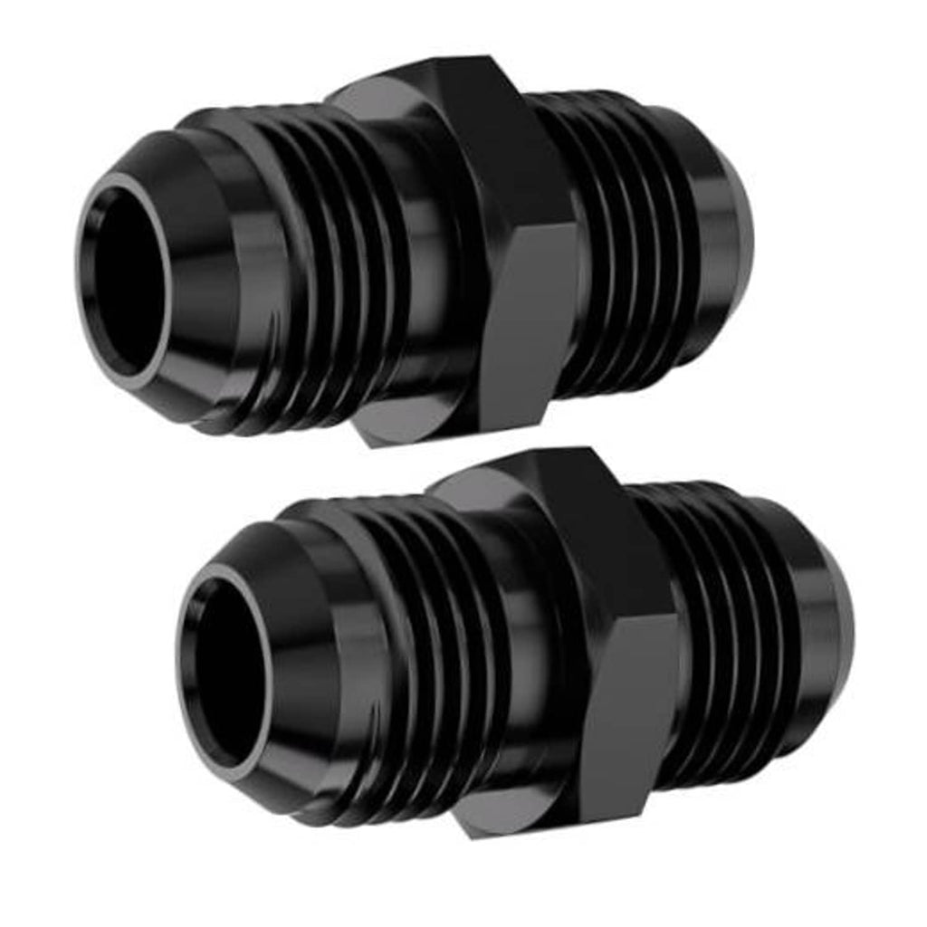 AN10 male flare straight fitting with black finish and flared threaded ends, hex body.
