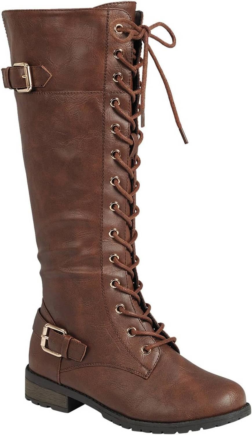 Brown knee-high riding boots, lace-up front with two side buckle straps and low heel