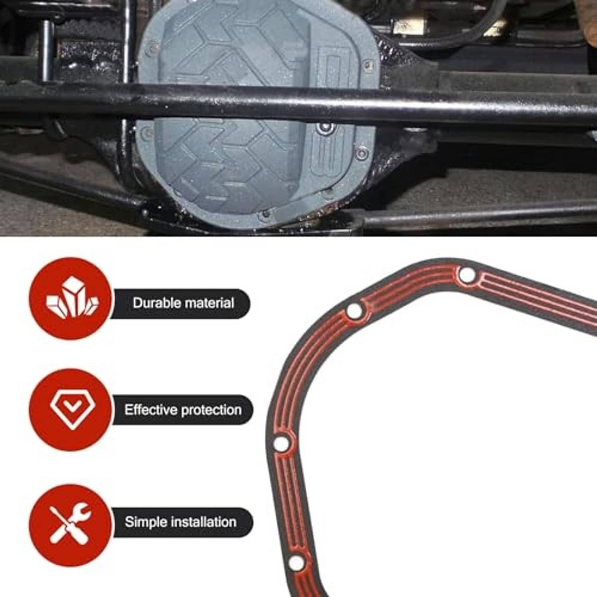 Differential cover area with red gasket outline; gasket shown near axle housing