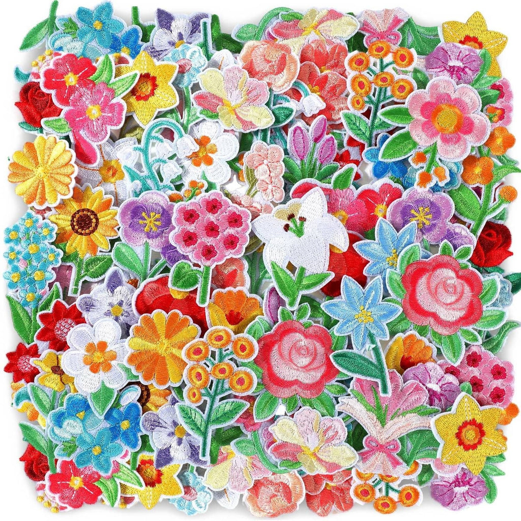 Assorted pastel mini flower iron-on patches with colorful embroidered petals