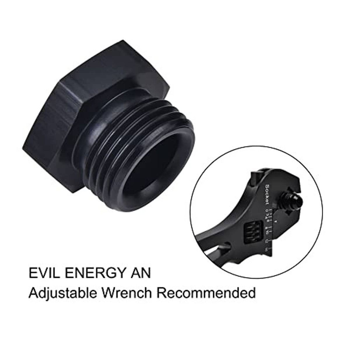 Black male AN plug fitting adapter with O-ring; wrench use inset shown