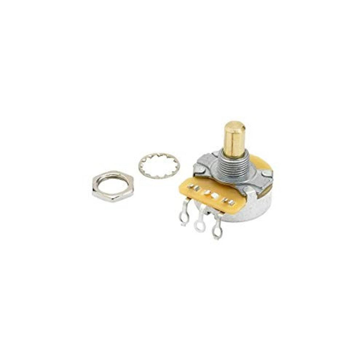 Solid-shaft potentiometer with gold shaft, mounting nut, washer, and 3 solder terminals