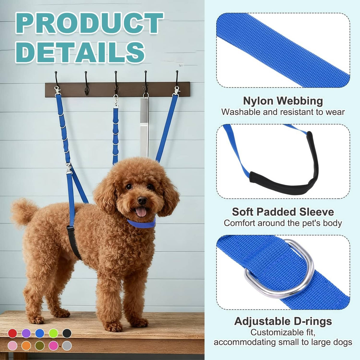 Blue dog grooming strap with padded sleeve and adjustable D-ring loops