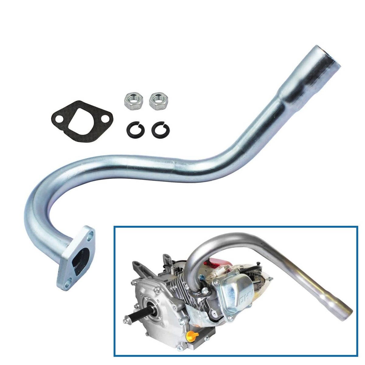 Exhaust header pipe assembly with gasket, bolts, and bracket; silver steel tube