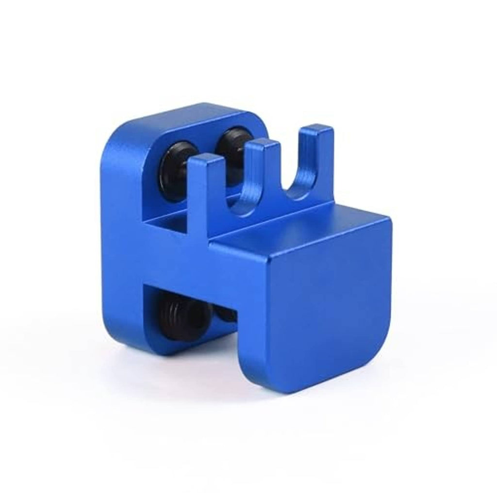 Blue chain link press tool side view with two black die inserts and U-shaped base