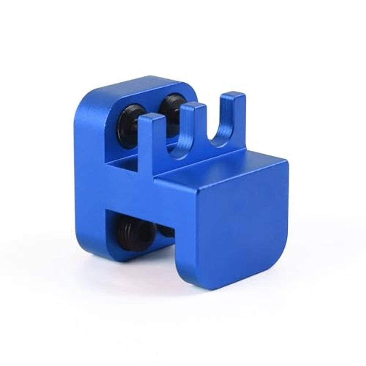 Blue chain link press tool side view with two black die inserts and U-shaped base