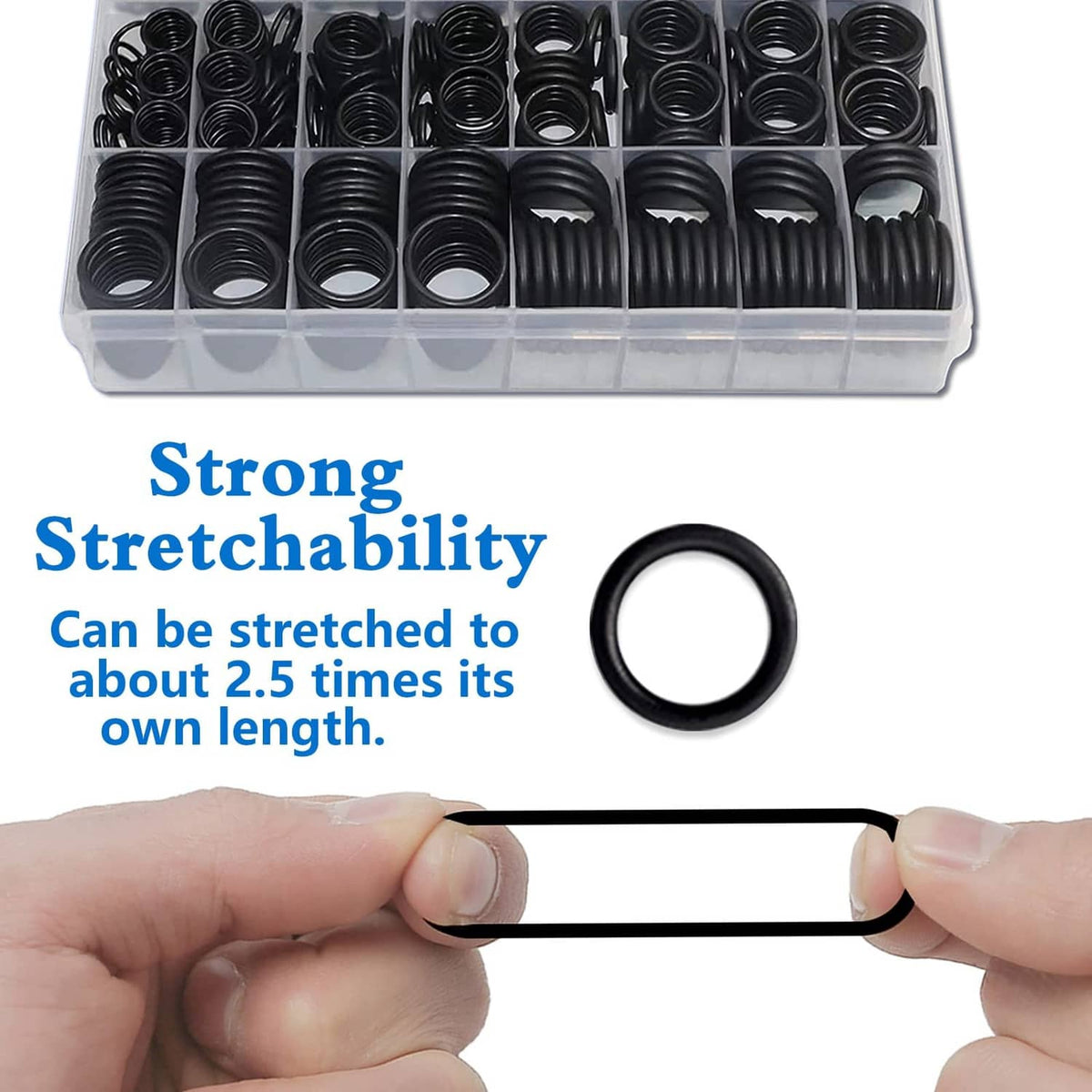 Black nitrile O-rings in storage tray; one ring shown stretched