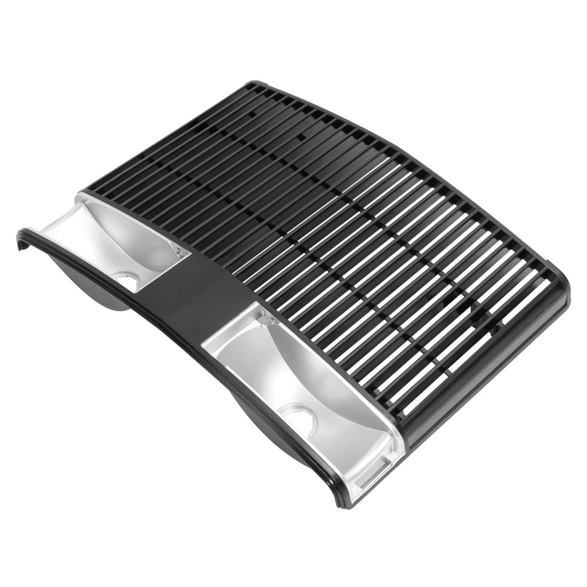 Tractor grille with black slat mesh and silver mounting brackets on corners