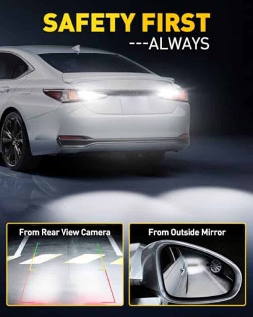 LED reverse lighting producing bright white illumination on vehicle rear area