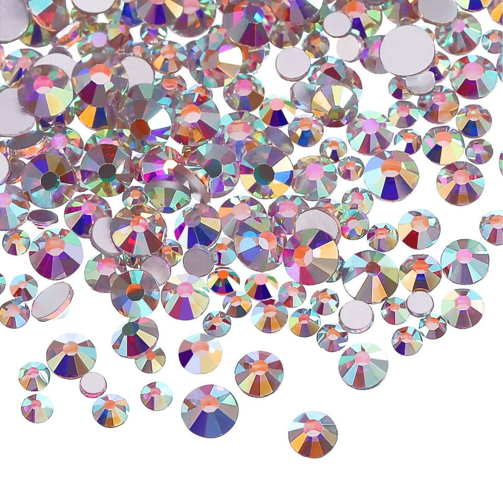 Round AB crystal rhinestones, clear flat-back stones scattered in a dense mix.
