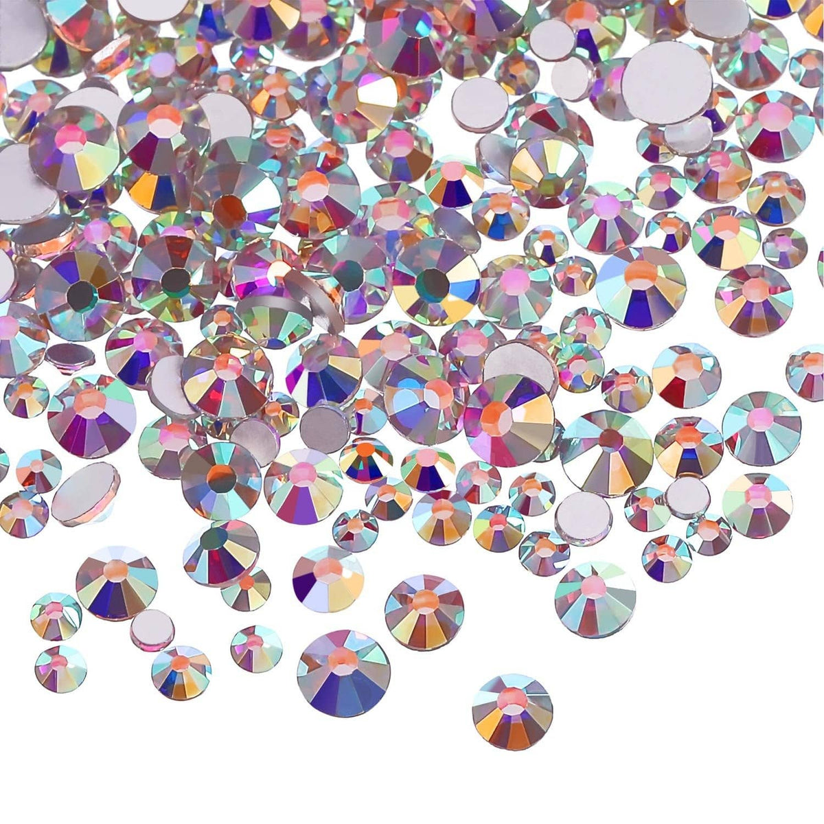 Round AB crystal rhinestones, clear flat-back stones scattered in a dense mix.