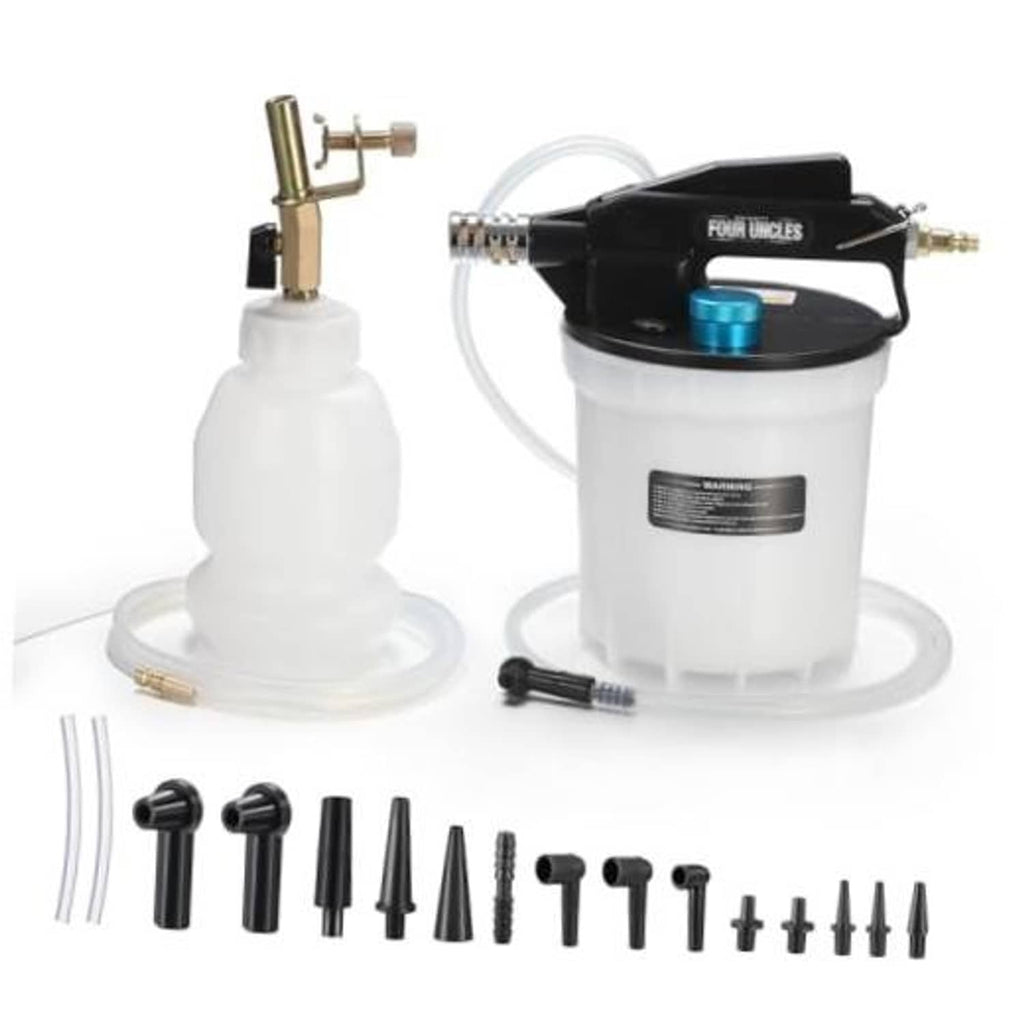Brake bleeder vacuum pump kit with white reservoir, brass fittings, hose, and tips