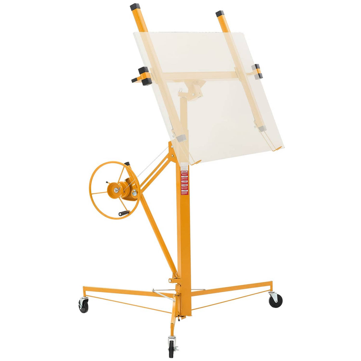 Uimoso drywall lifter holding a large panel with winch arm and caster base