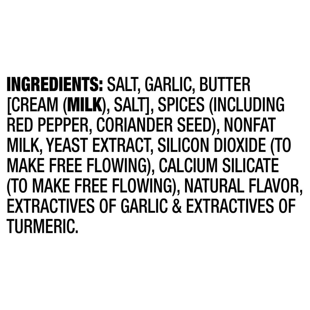 Garlic butter seasoning ingredient list text: salt, garlic, butter, spices