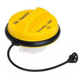 Yellow gas fuel tank filler cap with black tether hose and vented cap base