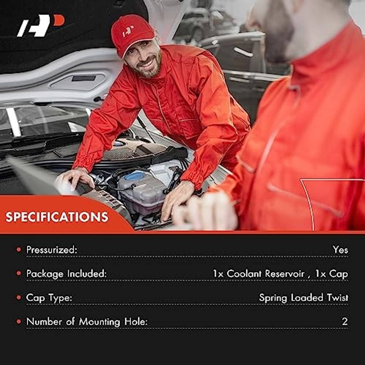 Coolant reservoir tank with cap, shown in vehicle bay with specs overlay