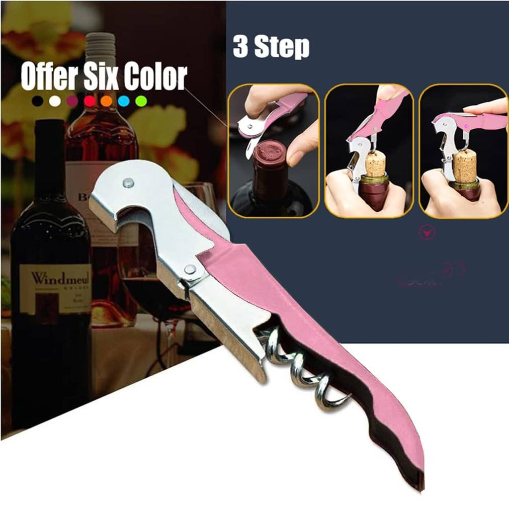 Pink waiter corkscrew wine opener with metal frame and cork spiral