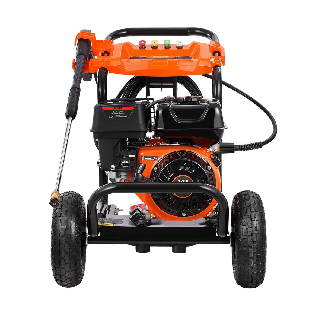 Gas pressure washer, orange engine housing, black wheels and handle
