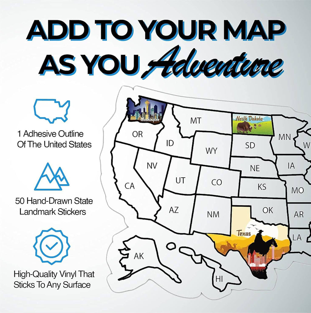 USA outline map sticker with colorful state landmark stickers for 50 states