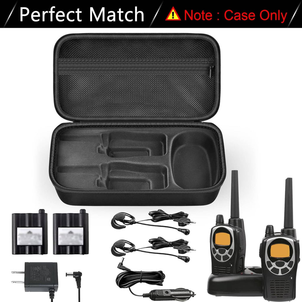 Black hard EVA walkie talkie case with tray inserts and included charging accessories