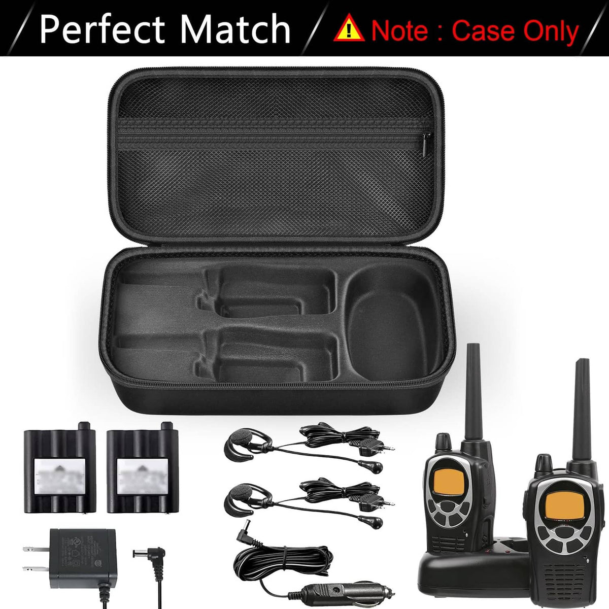 Black hard EVA walkie talkie case with tray inserts and included charging accessories