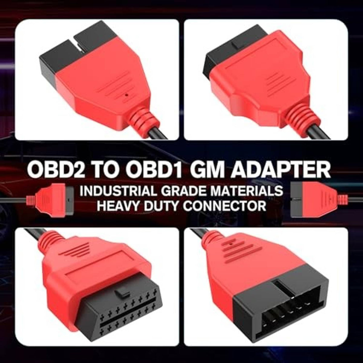 Red OBD adapter with black 12-pin and 16-pin connector ends, shown from multiple angles