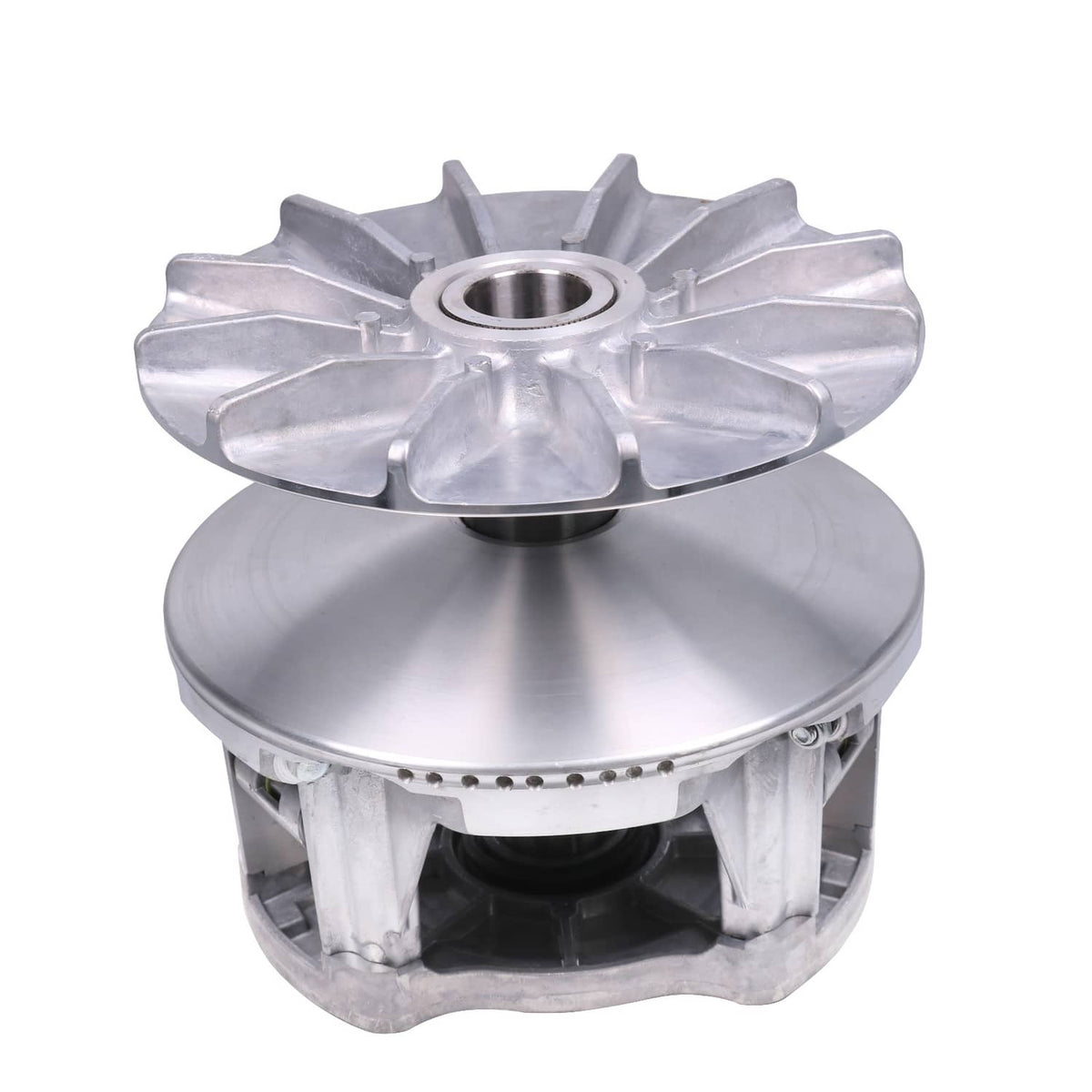 Silver primary drive clutch assembly with center bore and five cooling fins
