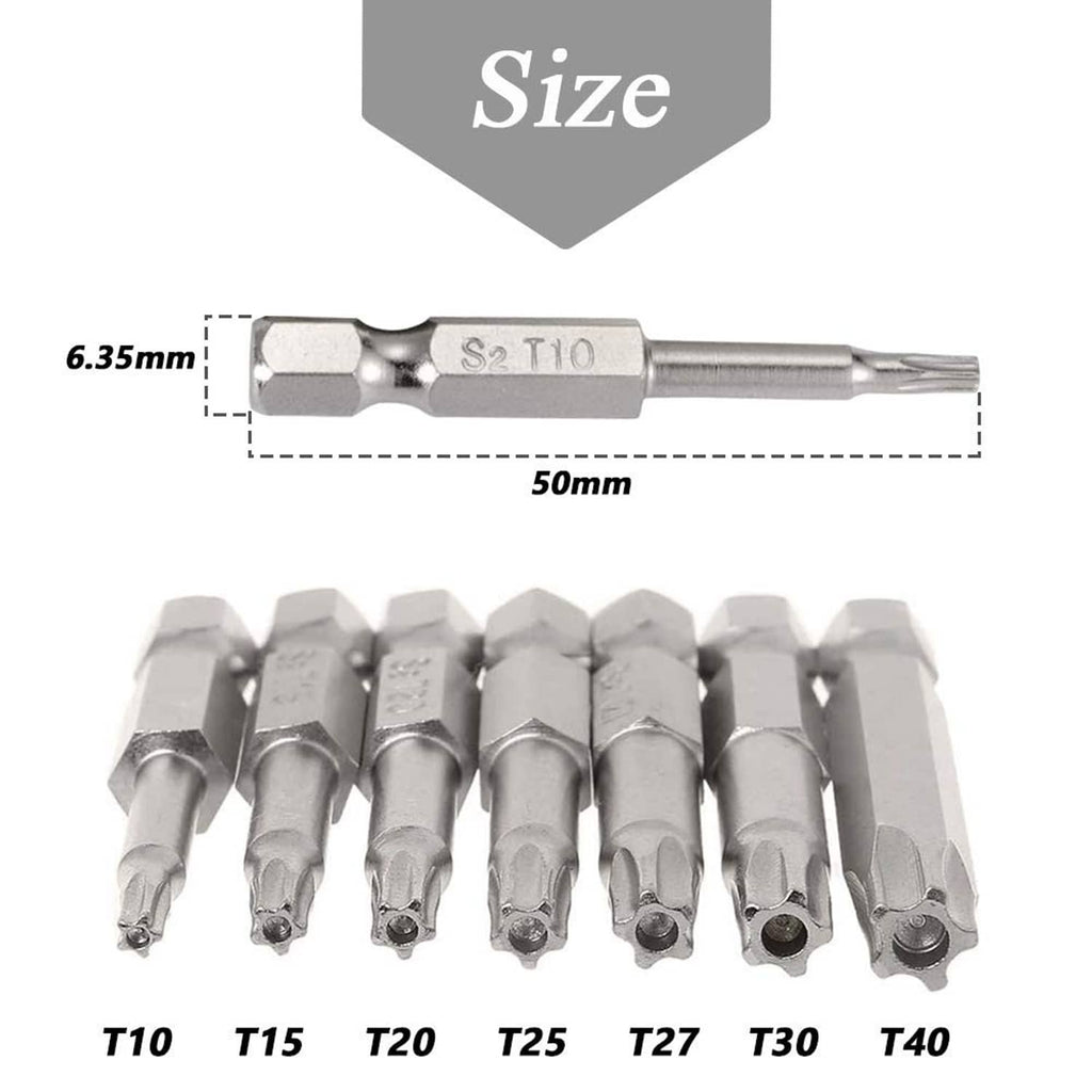 Security Torx bits, 1/4 in hex shank, 6.35 mm, T10–T40 sizes