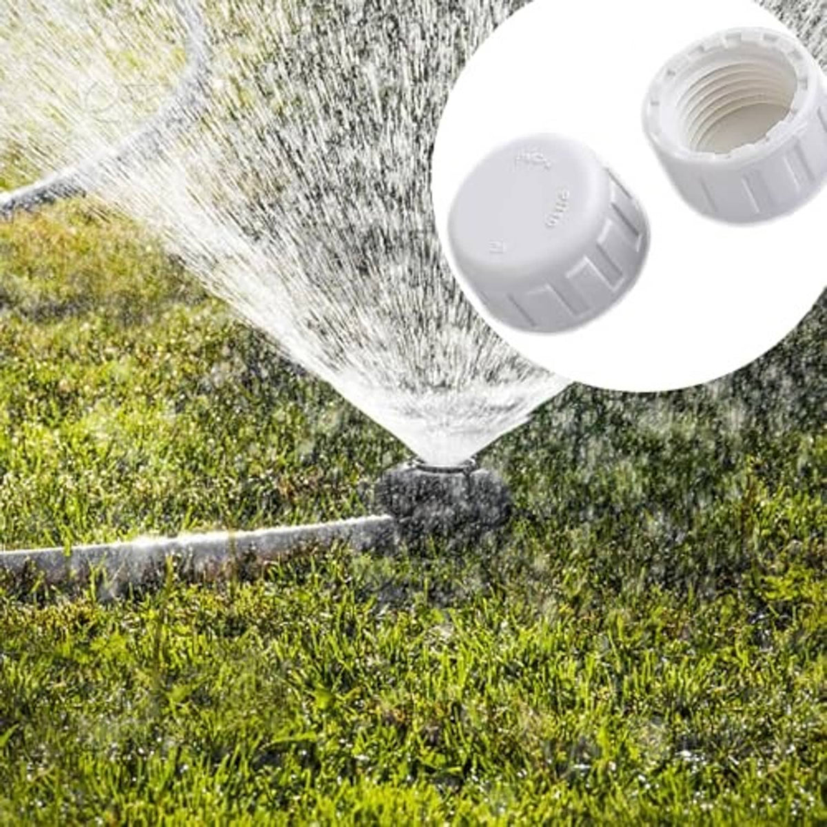 White PVC female-thread end cap plug shown near a spray water outlet