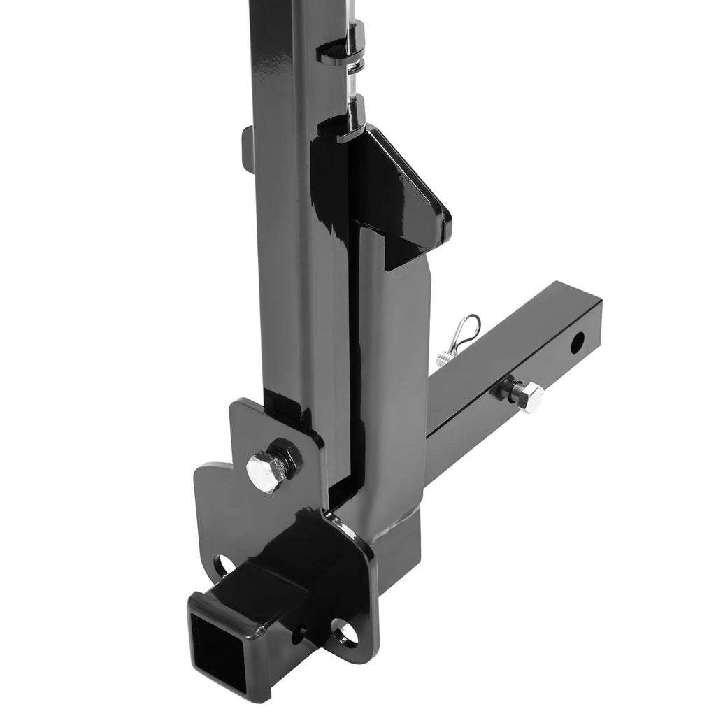 Close-up of black spare tire carrier frame with release bracket and side mounting bar