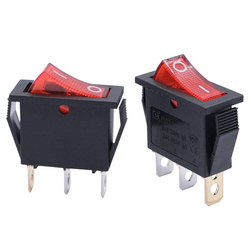 Pair of illuminated red rocker snap-in switches, black housing, metal contact pins