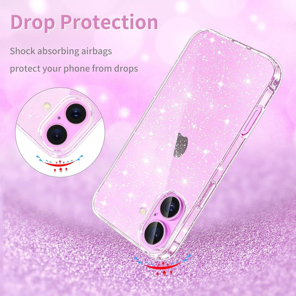 Angled transparent pink glitter TPU phone case with dual camera openings