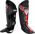 RDX shin instep kickboxing pads, black with red graphic trim and Velcro straps