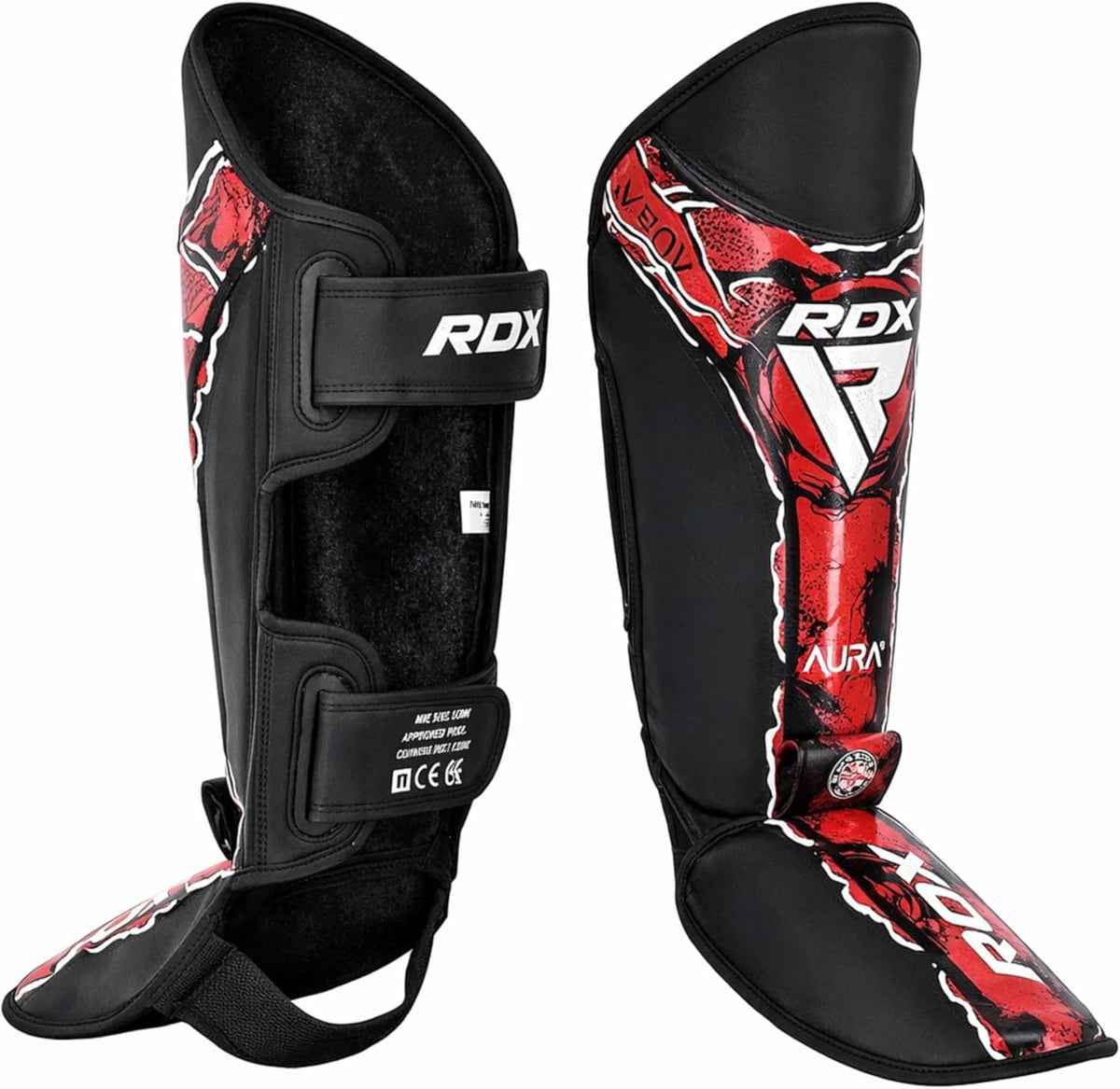 RDX shin instep kickboxing pads, black with red graphic trim and Velcro straps