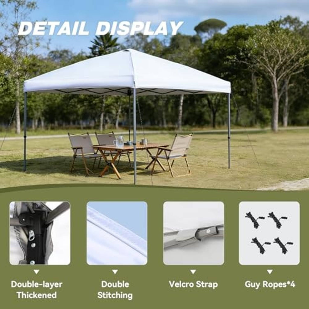 White pop-up canopy top with center vent opening and sloped roof fabric