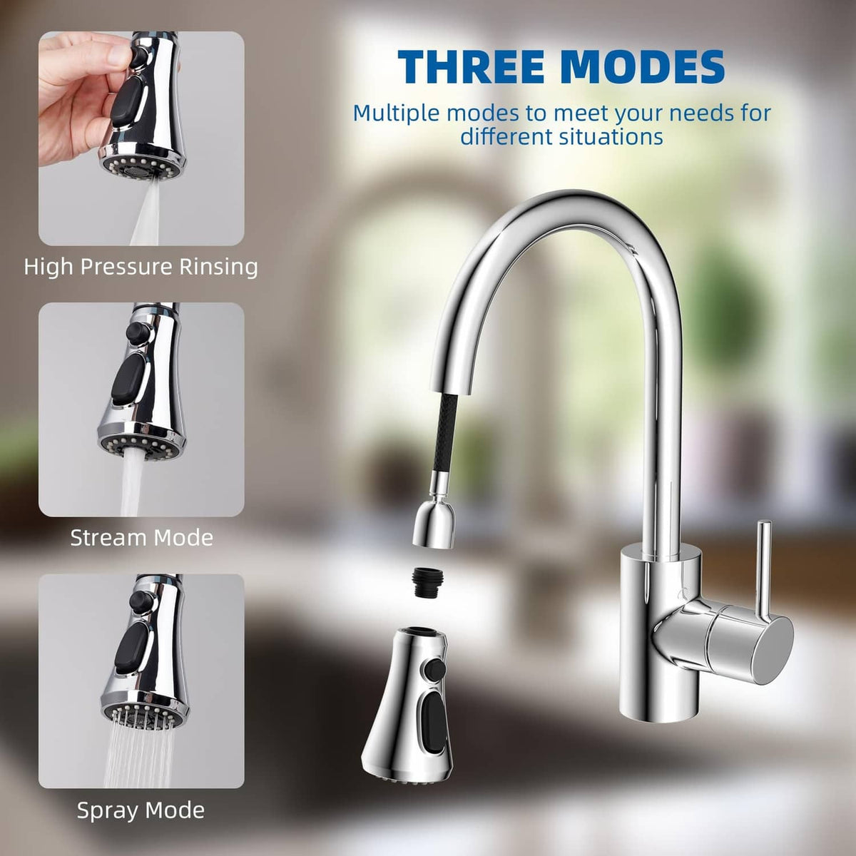 Chrome pull-down faucet sprayer with multiple mode nozzles and handheld spray head