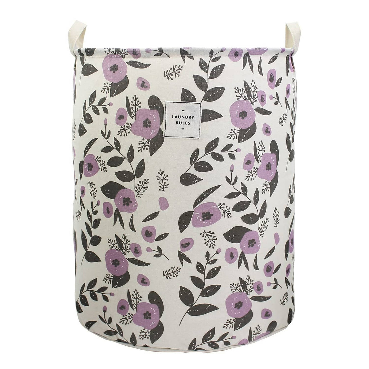 Collapsible laundry basket with white base and purple floral leaf print, open top.