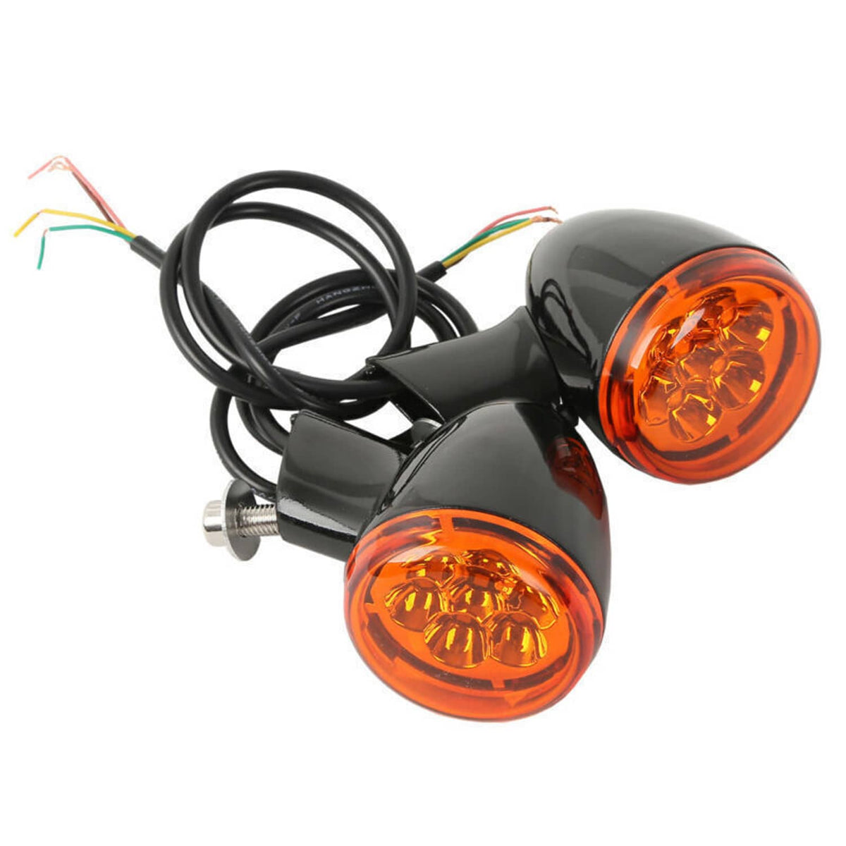 Rear LED turn signal lights with two amber lenses and black mounting bracket, angled