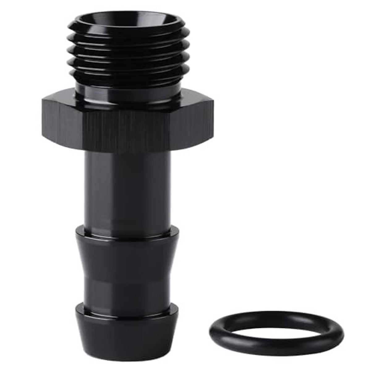 Black straight adapter fitting with 6AN ORB threads and 3/8 end for hose