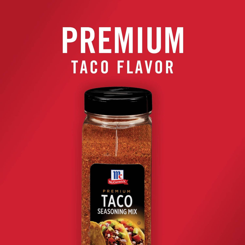 McCormick Premium Taco Seasoning Mix jar with black cap, label facing forward