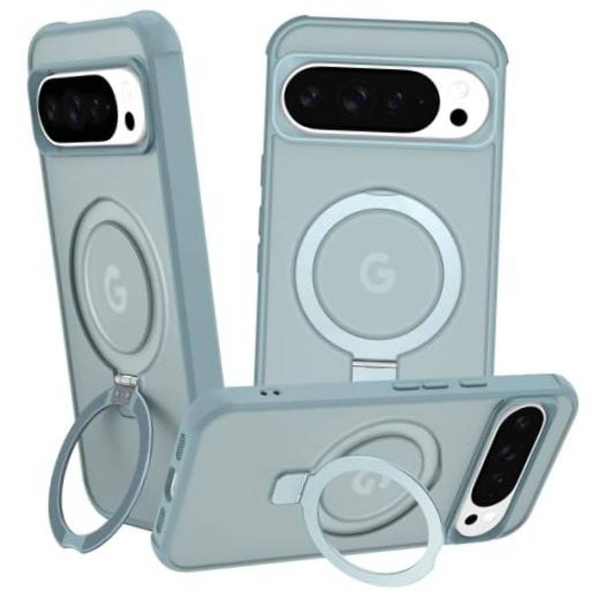 Teal magnetic phone case with ring kickstand, camera cutout, and wrist strap