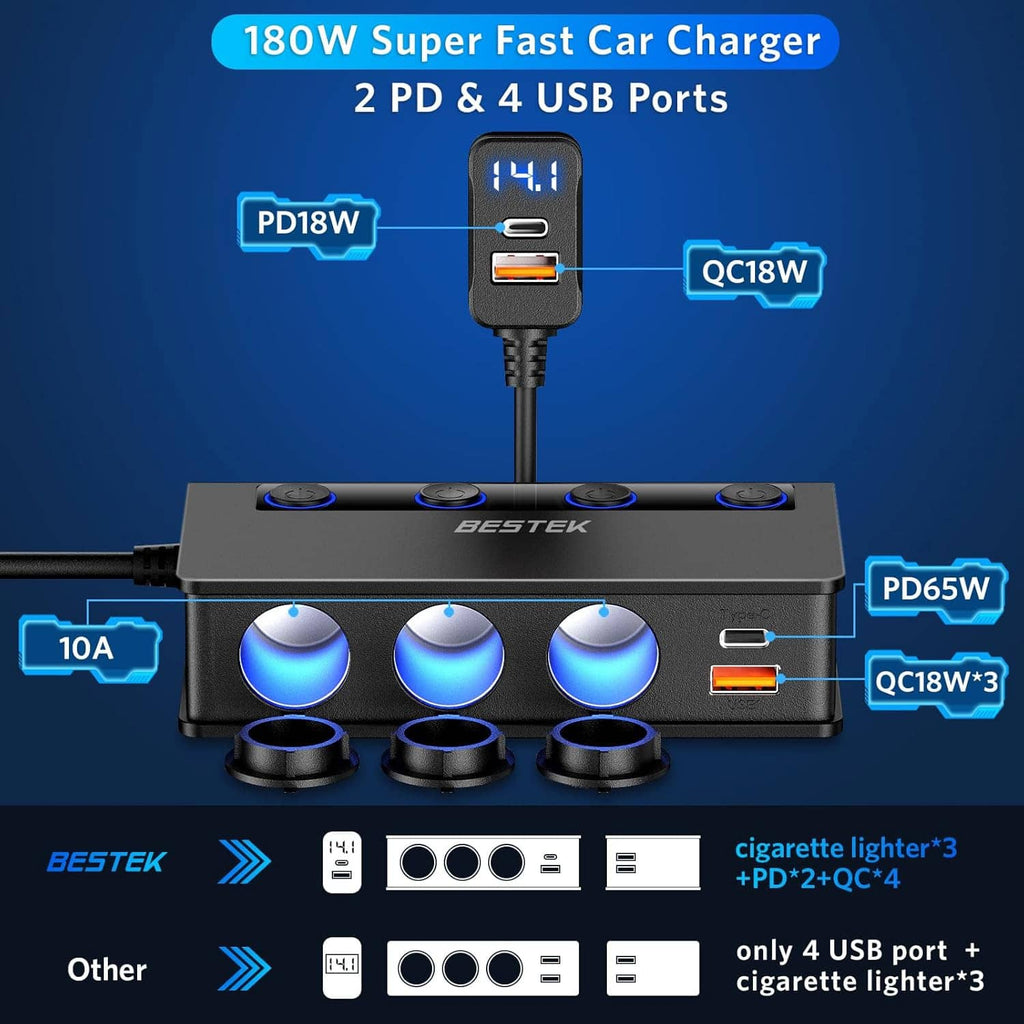Car fast charger with four USB ports and three cigarette lighter outputs, black metal