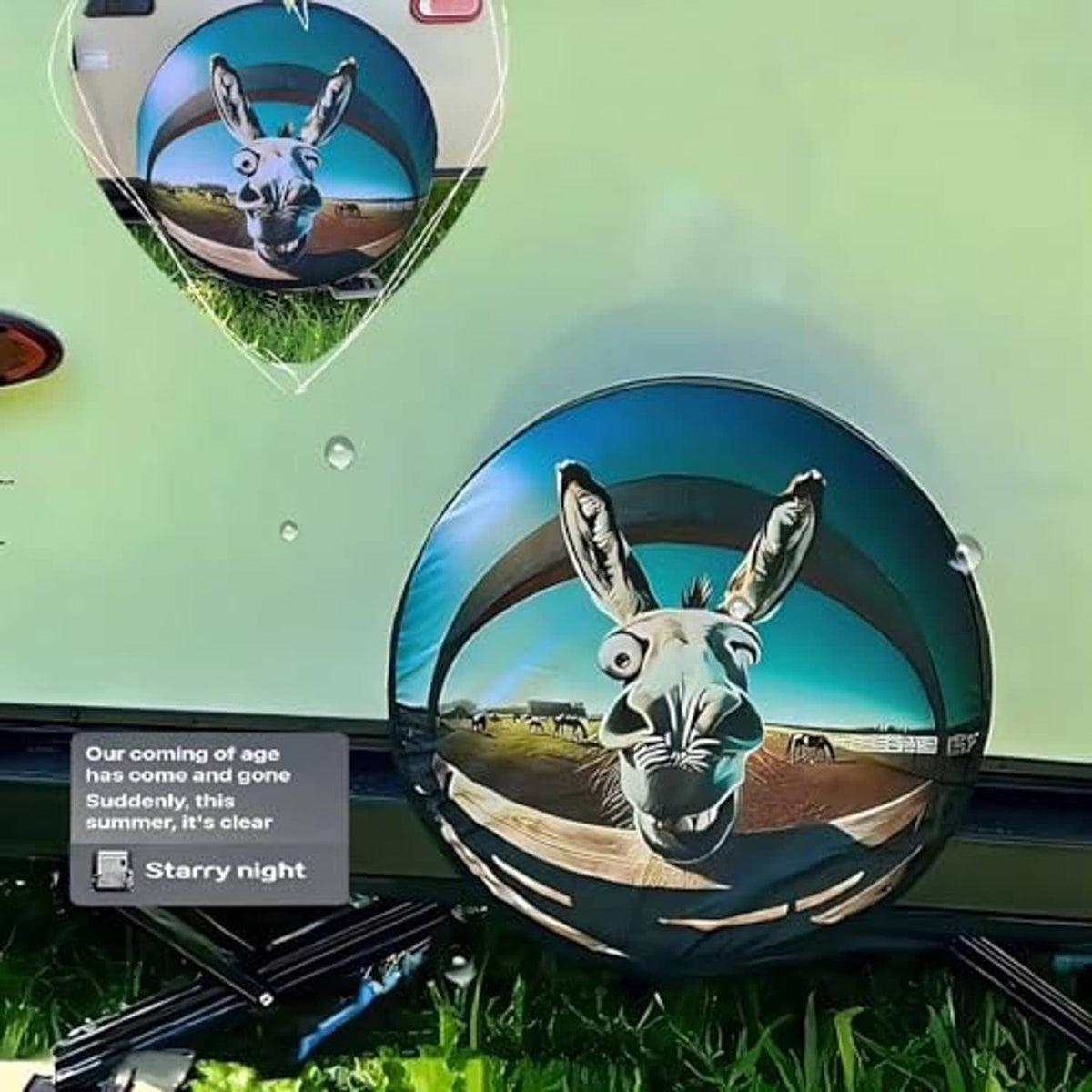Spare tire cover with circular donkey face graphic on the back of a green vehicle