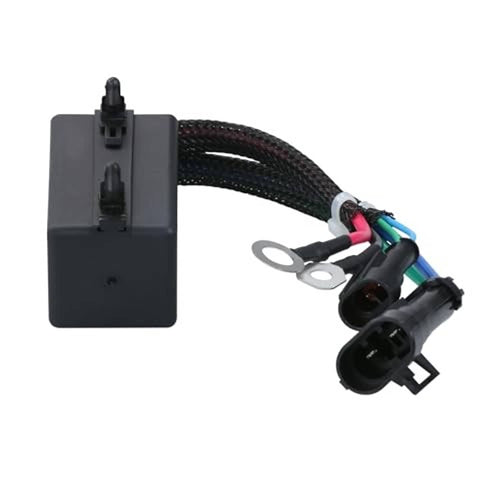 12V relay switch with braided harness, multi-color leads, and twin black electrical plugs