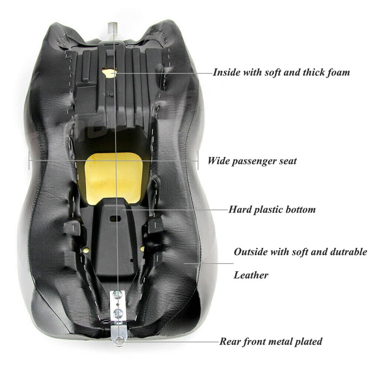 Underside of black motorcycle seat with mounting hardware, soft foam padding