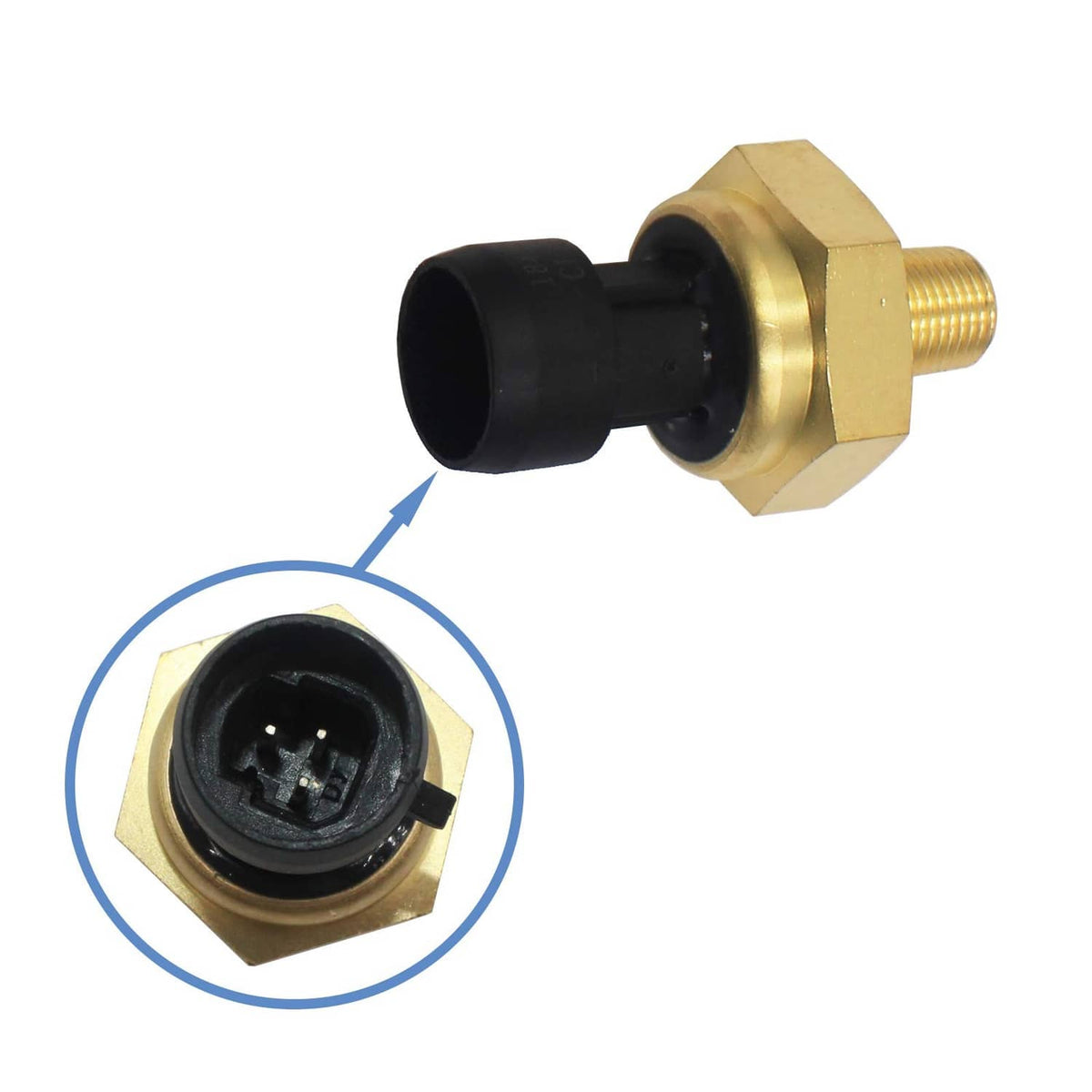 Exhaust back pressure sensor with brass threaded body, black sensor tip, and connector detail